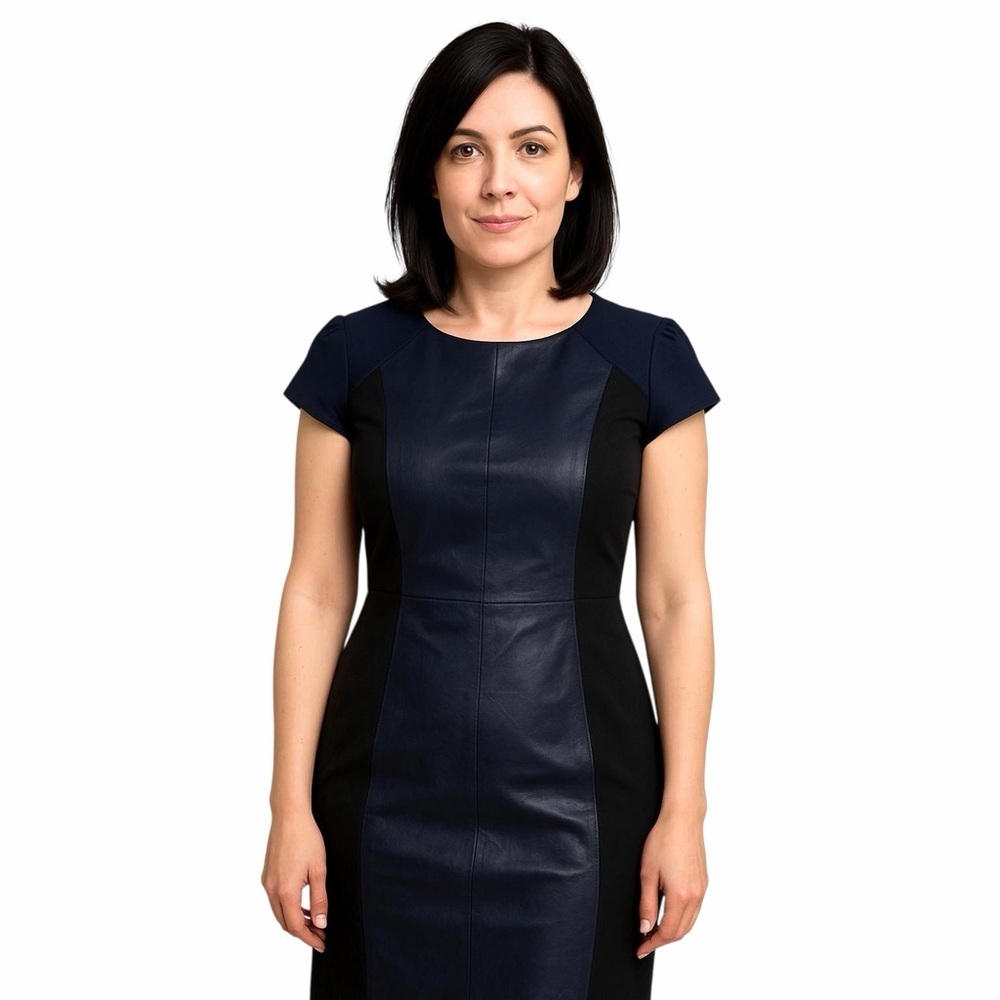 Vakko - Lambskin leather colour block panel short sleeve sheath dress